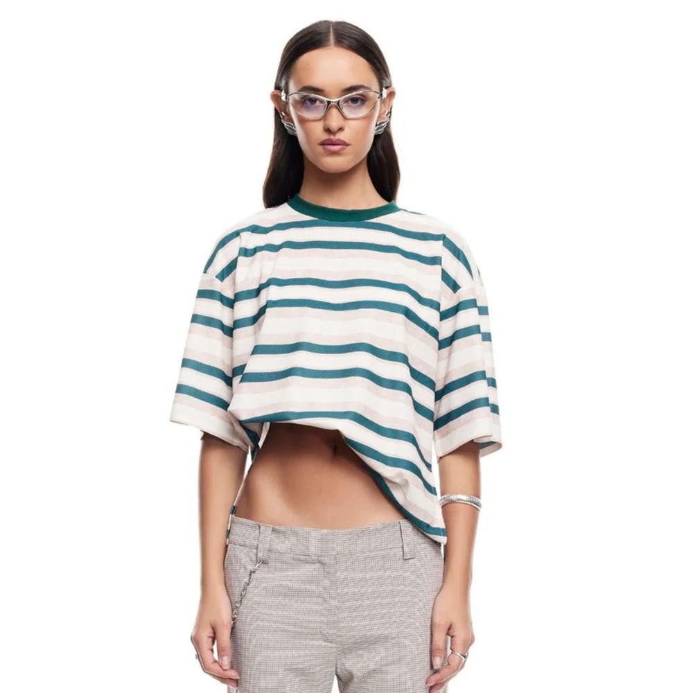 Lioness Green and Cream Striped Short Sleeve Tee